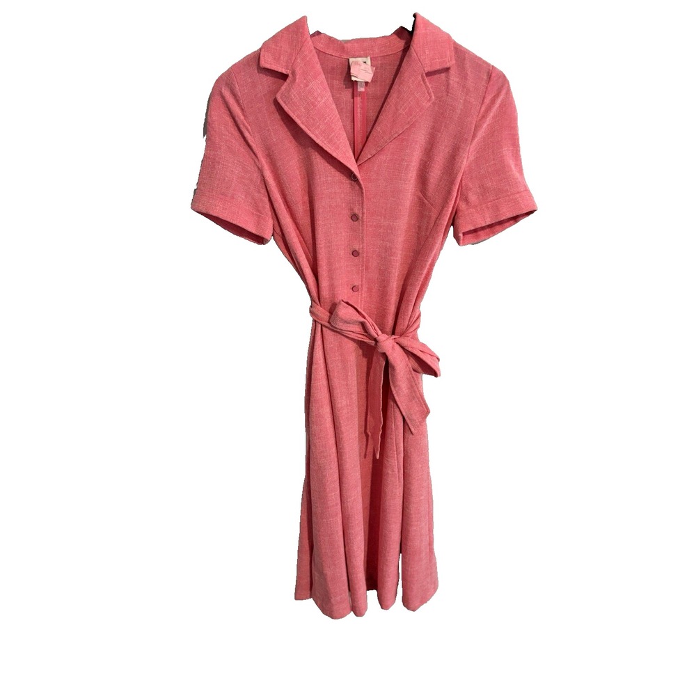 Anne Klein Pink Belted Midi Dress Button Front Short Sleeve Vintage Size 4